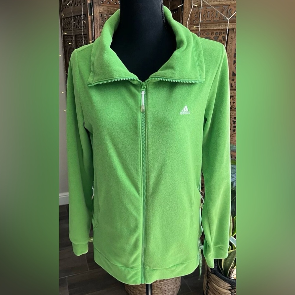 💚ADIDAS Women SZ M Bright Lime Green Zip Up Jacket Lightweight Soft Pockets💚